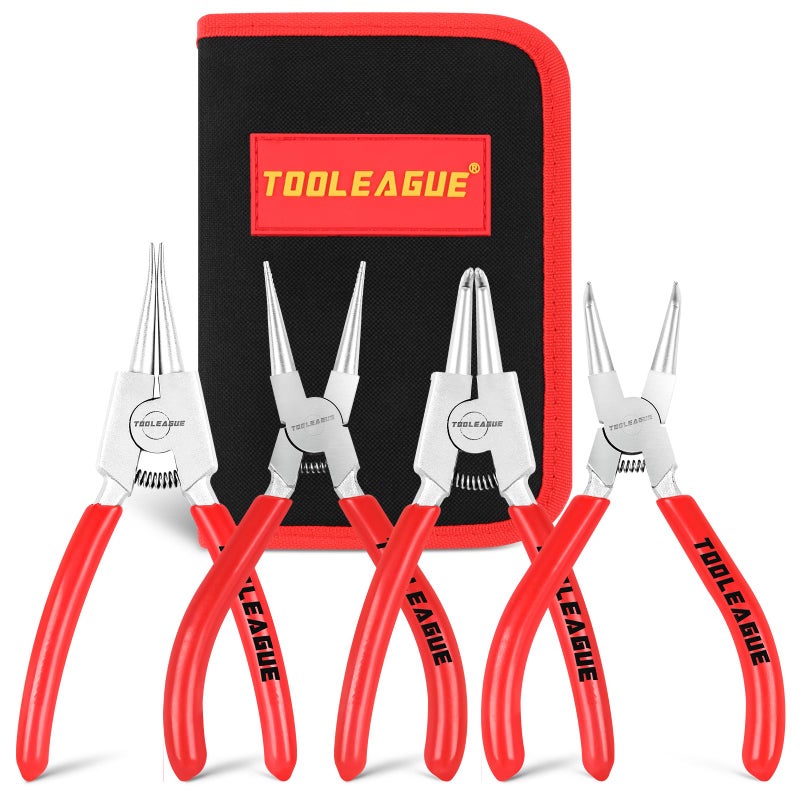 TOOLEAGUE 4 Pcs Mini Snap Ring Pliers Set, Circlip Pliers, 5 inches Internal/External Heavy Duty for Ring Remover Retaining Straight Bent Lock Ring Pliers Set - Image 1