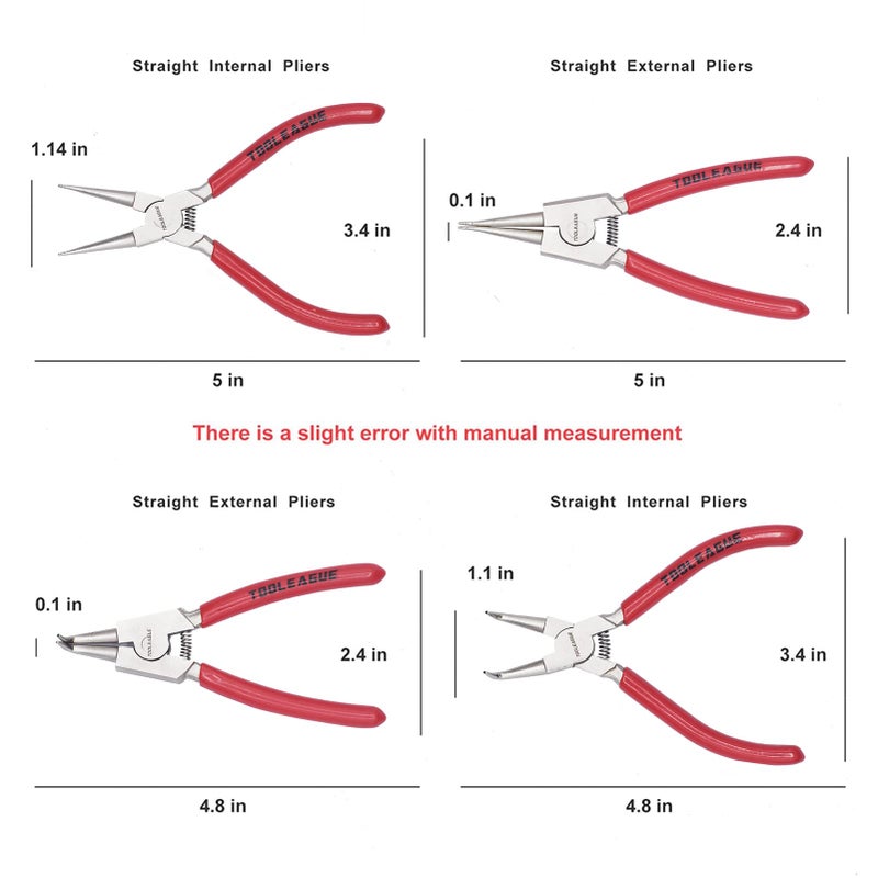 TOOLEAGUE 4 Pcs Mini Snap Ring Pliers Set, Circlip Pliers, 5 inches Internal/External Heavy Duty for Ring Remover Retaining Straight Bent Lock Ring Pliers Set - Image 2