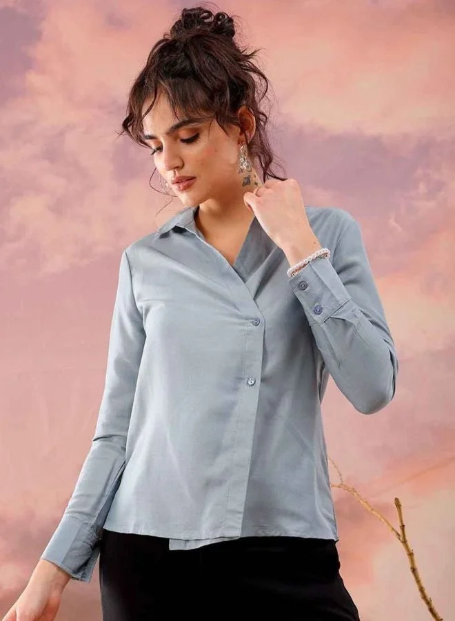 Freehand  Women Regular Fit Solid Round Neck Long Sleeve Button Down Top for Women | Best Price UAE