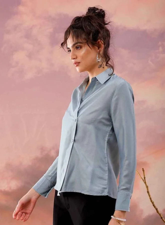 Freehand  Women Regular Fit Solid Round Neck Long Sleeve Button Down Top for Women | Best Price UAE