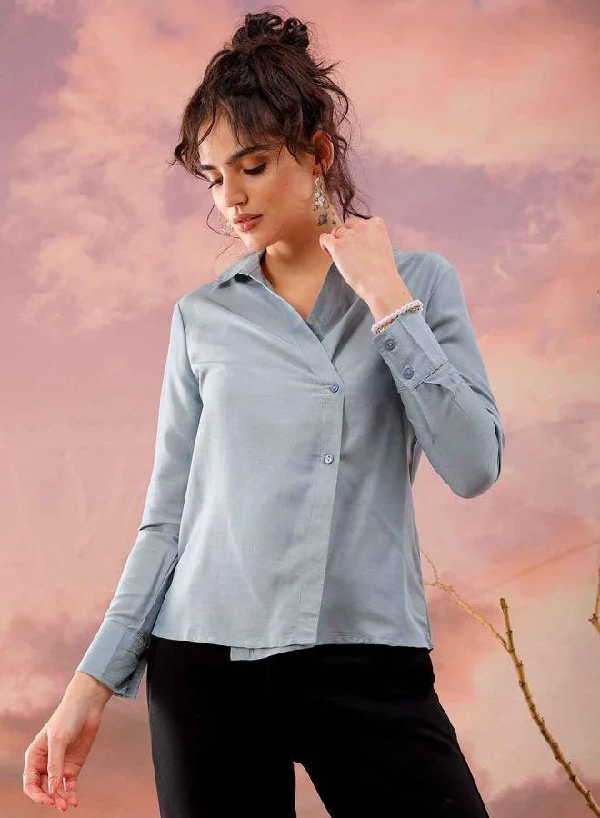 Freehand  Women Regular Fit Solid Round Neck Long Sleeve Button Down Top for Women | Best Price UAE