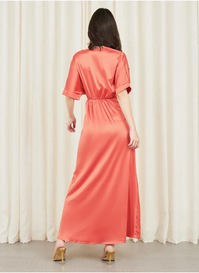 ستايلي Satin Roll Up Sleeves A-line Maxi Dress