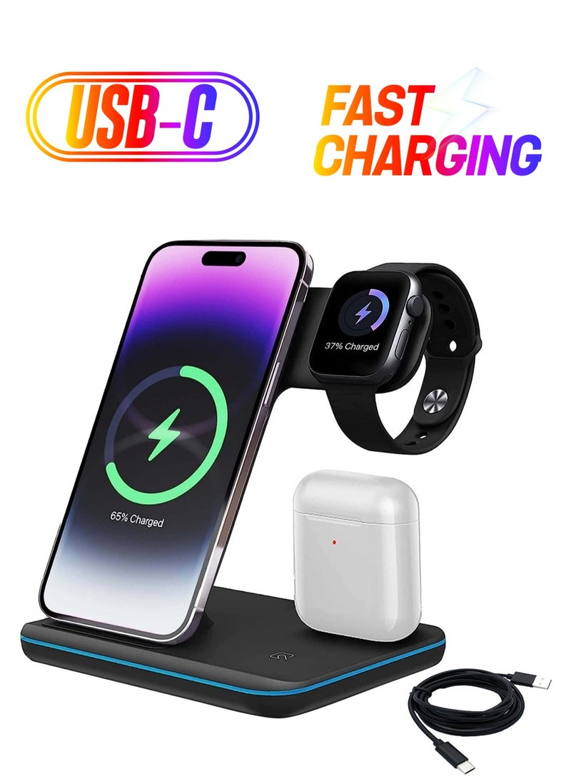 Wireless Charger-3 in 1 Charging Station with USB Data Cable Charging Station for iPhone 14/13/12/11 Pro/XS, Air Pods 3/2/1/pro, iWatch Series, Samsung and Qi-Certified Phones - Image 1