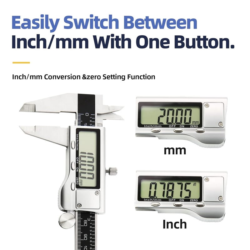Digital Calipers .6-8 inch/150-200mm Micrometer Measuring Tool, Electronic Digital Caliper With Stainless Steel Body,mm/Inch Conversion, Auto Off Featured Vernier Caliper Black. - Image 3