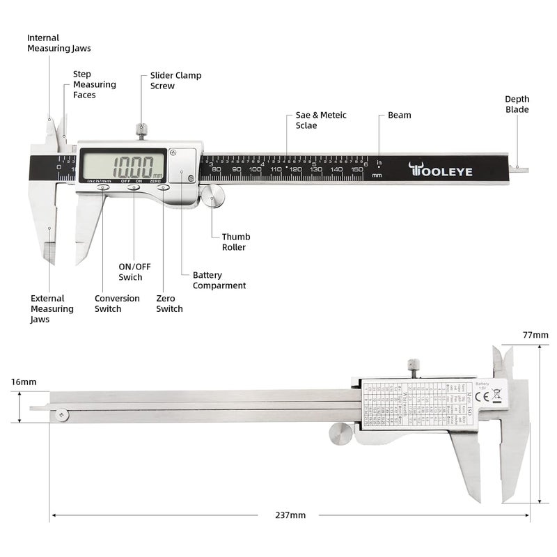 Digital Calipers .6-8 inch/150-200mm Micrometer Measuring Tool, Electronic Digital Caliper With Stainless Steel Body,mm/Inch Conversion, Auto Off Featured Vernier Caliper Black. - Image 2
