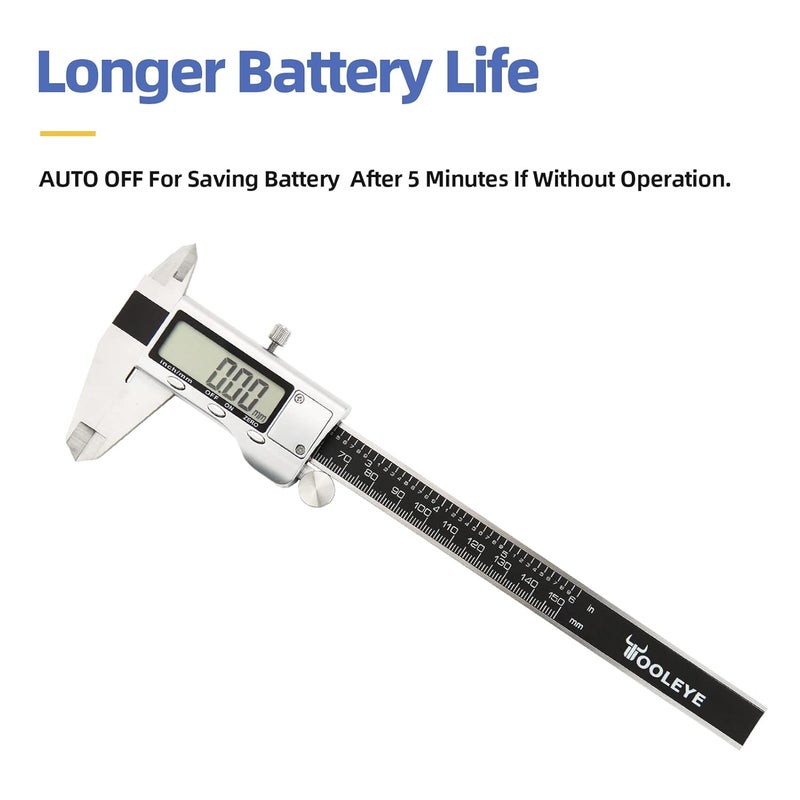Digital Calipers .6-8 inch/150-200mm Micrometer Measuring Tool, Electronic Digital Caliper With Stainless Steel Body,mm/Inch Conversion, Auto Off Featured Vernier Caliper Black. - Image 5