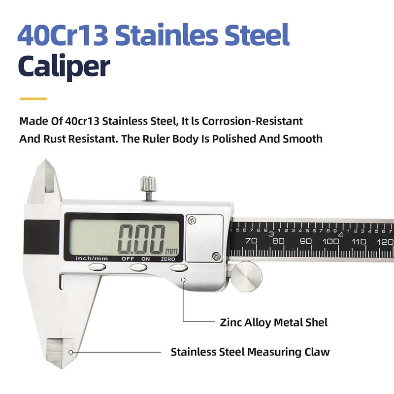 Digital Calipers .6-8 inch/150-200mm Micrometer Measuring Tool, Electronic Digital Caliper With Stainless Steel Body,mm/Inch Conversion, Auto Off Featured Vernier Caliper Black. - Image 4