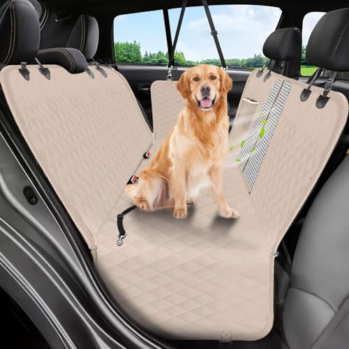 Victoper Dog Car Seat Cover, 600D Heavy Durable Dog Seat Cover for Back Seat, 100% Waterproof Scratch Proof Nonslip Dog Hammock for Car with Side Flap, Pet Back Seat Covers for Cars with Seatbelt Khaki - Image 1