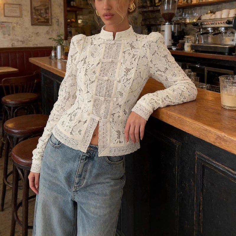 Women's Lace Stand Collar Slim Fit Casual Shirt - Image 1