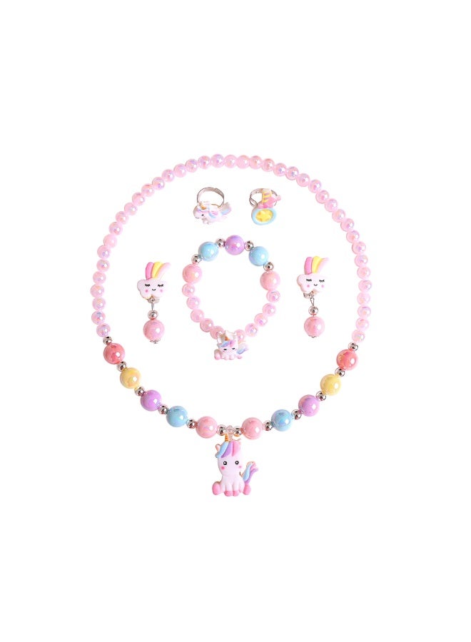 Unicorn Magic Kids Watch & Jewelry Set (7 Pcs) - Pink Bracelet Watch + Candy Color Beaded Necklace Earrings Rings for Girls Age 3+ - Image 3