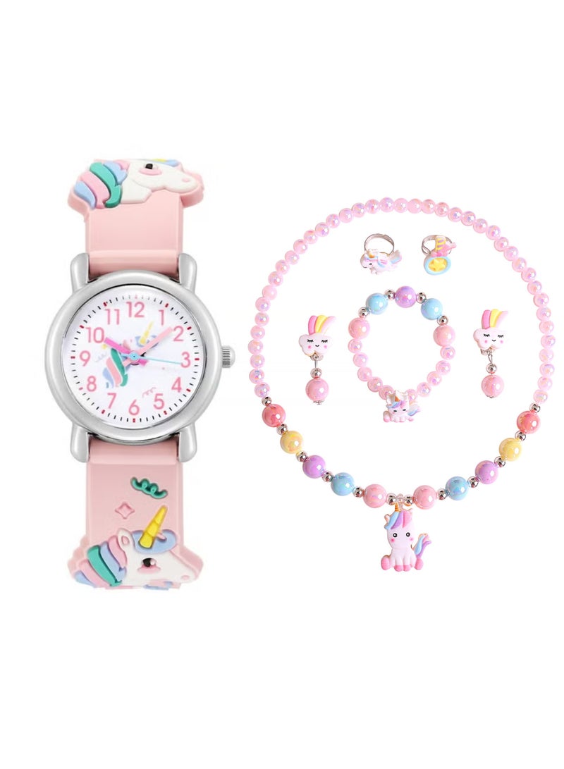 Unicorn Magic Kids Watch & Jewelry Set (7 Pcs) - Pink Bracelet Watch + Candy Color Beaded Necklace Earrings Rings for Girls Age 3+ - Image 1