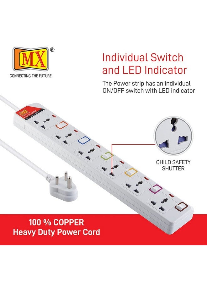 MX MX 6 Outlet Power Strip with Universal Socket & LED Indicator Individual Color Switch with Circuit Breaker Protection Spike Guard Extension Board with Child Safety Shutter, 1.5 Meter (White)  - Image 5