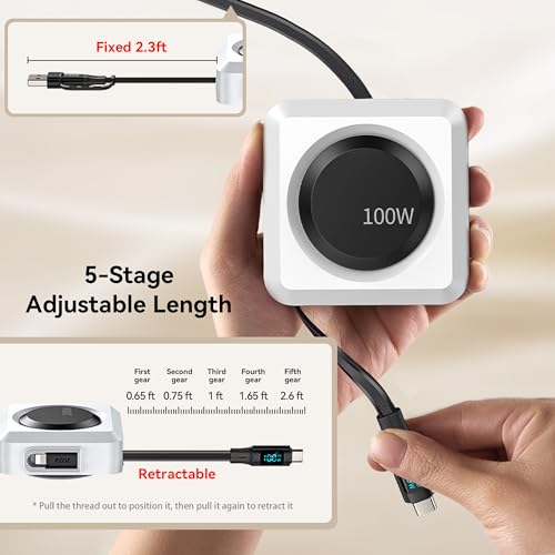 PZOZ 100W Retractable Charging Cable with LED Display 6in1 USB C Fast Charger for iPhone 1615 Samsung iPad MacBook TangleFree Desk Organizer Cable - Image 3
