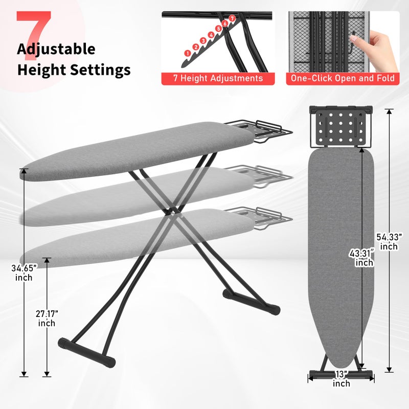 DIAMONDFORGE Ironing Board with Porous Iron Rest, 7 Adjustable Heights, 43" x 13", 3-Layer Heat-Resistant Cover & Pad for Home Laundry, Gray - Image 3
