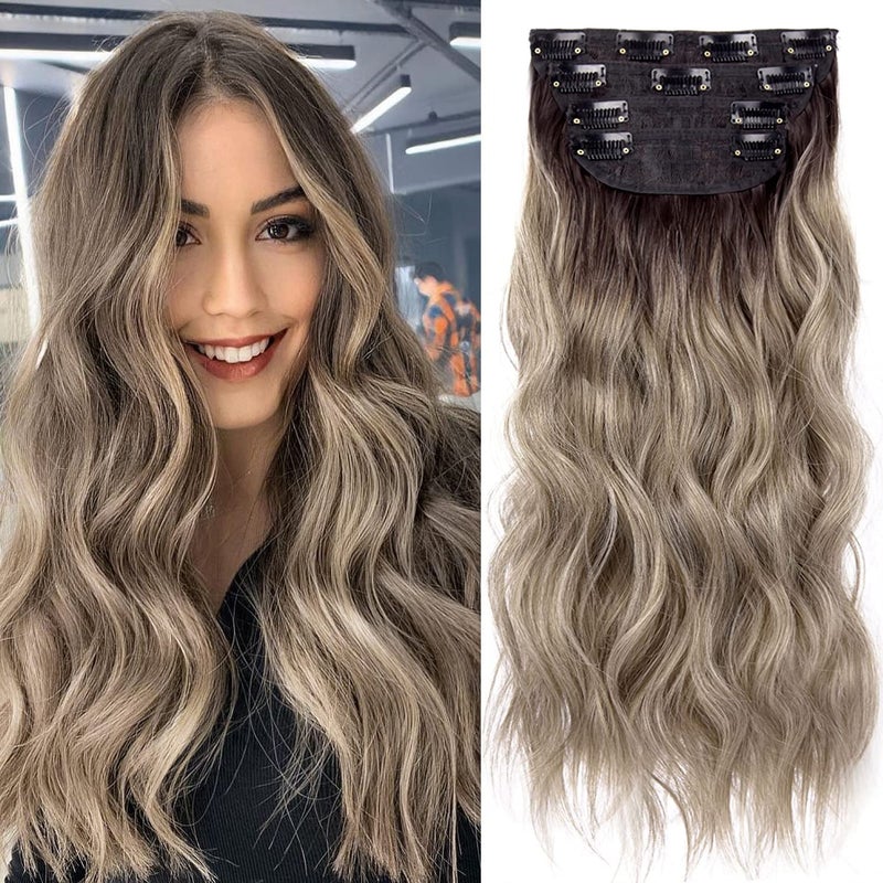 LEEONS 4PCS Clip in Hair Extensions 20 Inches Long Blonde Soft Wavy Clip in Synthetic Hair Extensions for Women (Ombre Chocolate Brown Mix Ash Blonde, R6/88#) - Image 1