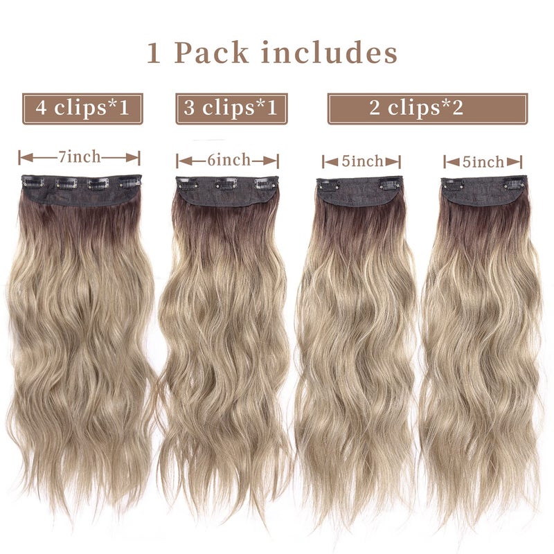 LEEONS 4PCS Clip in Hair Extensions 20 Inches Long Blonde Soft Wavy Clip in Synthetic Hair Extensions for Women (Ombre Chocolate Brown Mix Ash Blonde, R6/88#) - Image 2
