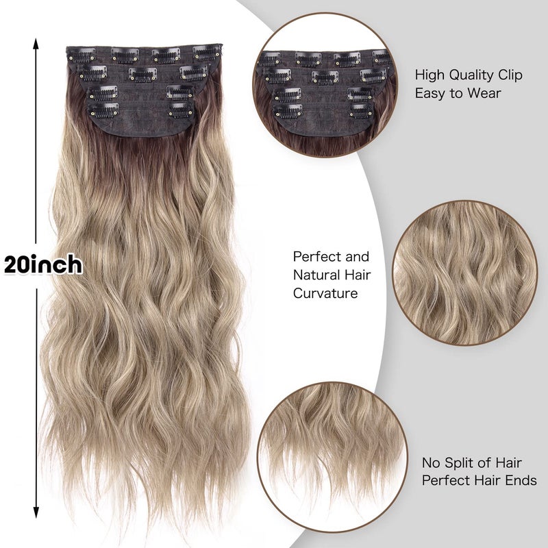 LEEONS 4PCS Clip in Hair Extensions 20 Inches Long Blonde Soft Wavy Clip in Synthetic Hair Extensions for Women (Ombre Chocolate Brown Mix Ash Blonde, R6/88#) - Image 4