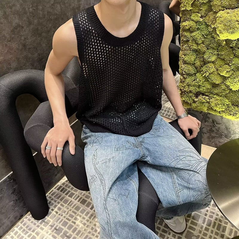 Mens Knit Sweater Vest Sleeveless Mesh Trendy Black  - Image 1