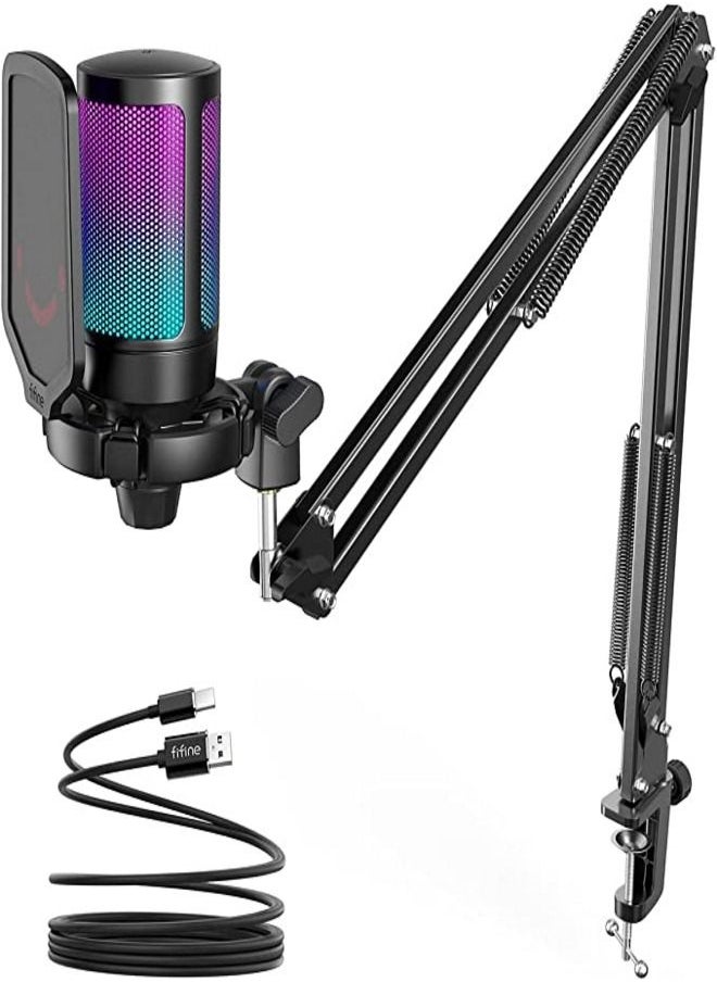 FIFINE - FIFINE Gaming PC USB Microphone, Podcast Condenser Mic with Boom Arm, Pop Filter, Mute Button for Streaming, Twitch, Online Chat, RGB Computer Mic for PS4/5 PC Gamer Youtuber-AmpliGame- A6T - Image 1