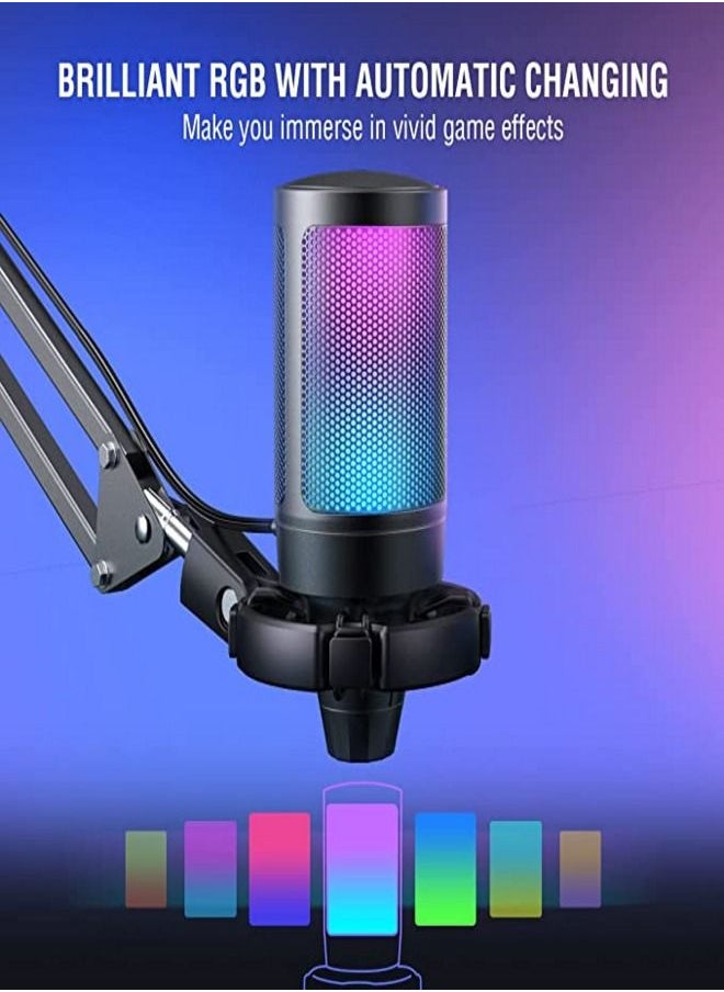 FIFINE - FIFINE Gaming PC USB Microphone, Podcast Condenser Mic with Boom Arm, Pop Filter, Mute Button for Streaming, Twitch, Online Chat, RGB Computer Mic for PS4/5 PC Gamer Youtuber-AmpliGame- A6T - Image 1