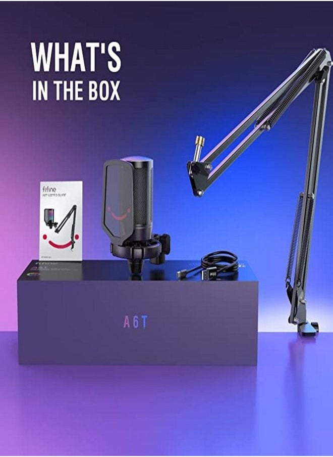 FIFINE - FIFINE Gaming PC USB Microphone, Podcast Condenser Mic with Boom Arm, Pop Filter, Mute Button for Streaming, Twitch, Online Chat, RGB Computer Mic for PS4/5 PC Gamer Youtuber-AmpliGame- A6T - Image 1