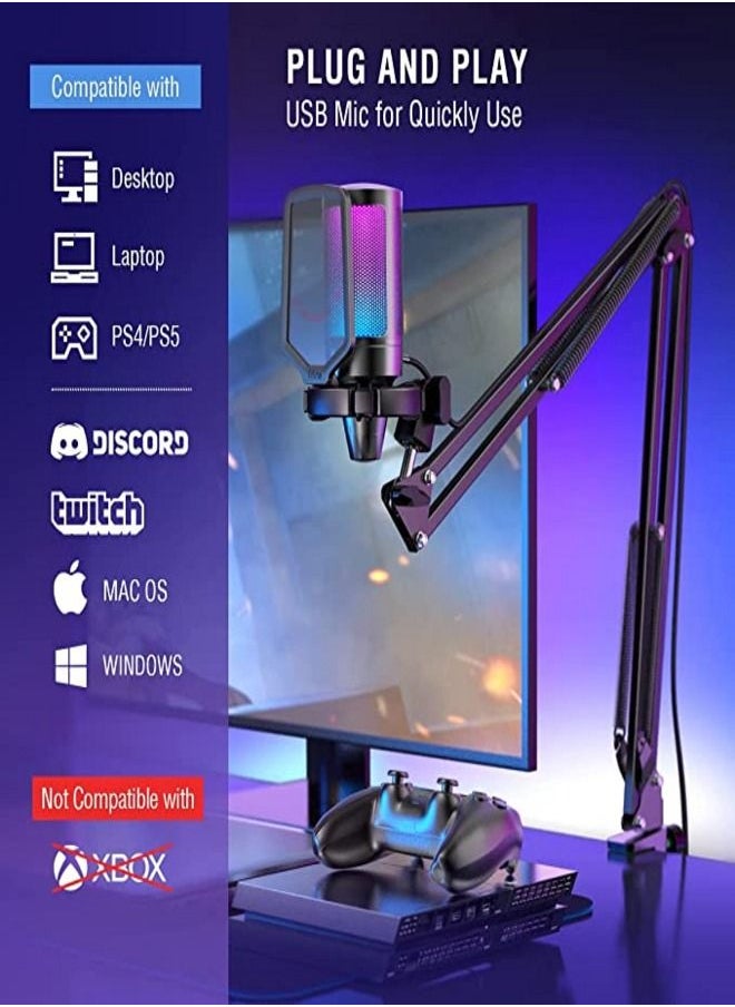 FIFINE - FIFINE Gaming PC USB Microphone, Podcast Condenser Mic with Boom Arm, Pop Filter, Mute Button for Streaming, Twitch, Online Chat, RGB Computer Mic for PS4/5 PC Gamer Youtuber-AmpliGame- A6T - Image 1