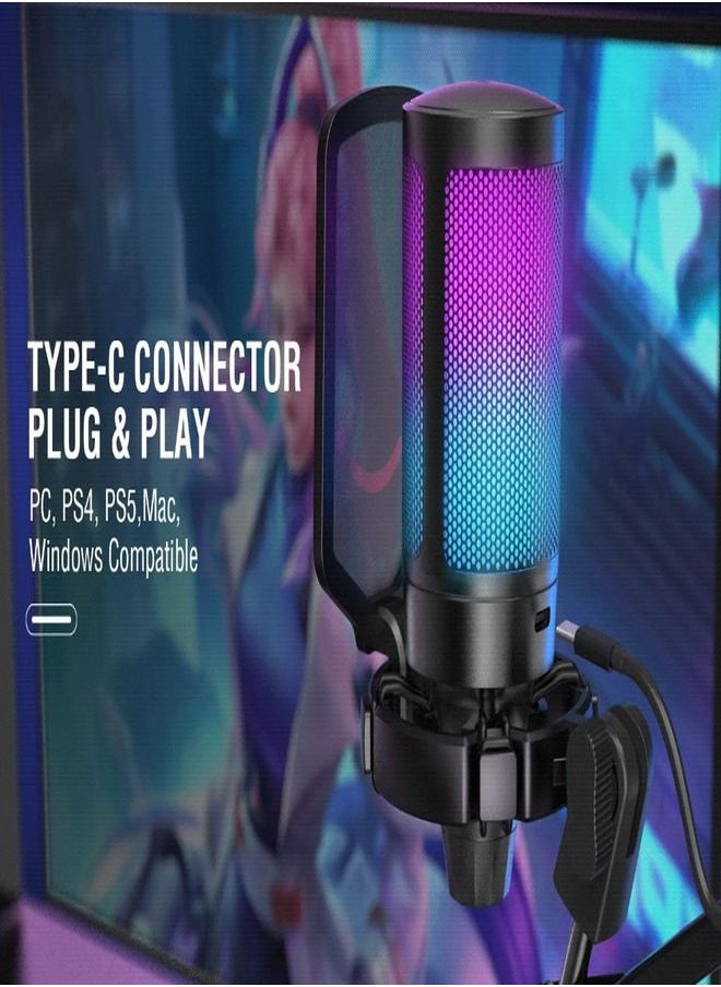 FIFINE - FIFINE Gaming PC USB Microphone, Podcast Condenser Mic with Boom Arm, Pop Filter, Mute Button for Streaming, Twitch, Online Chat, RGB Computer Mic for PS4/5 PC Gamer Youtuber-AmpliGame- A6T - Image 1