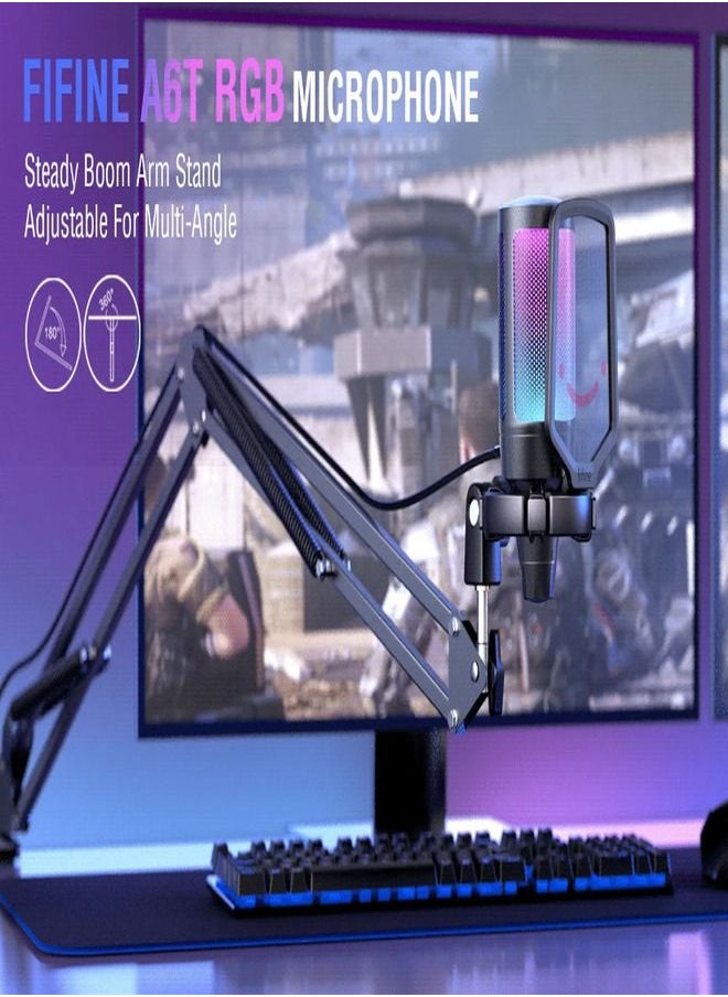 FIFINE - FIFINE Gaming PC USB Microphone, Podcast Condenser Mic with Boom Arm, Pop Filter, Mute Button for Streaming, Twitch, Online Chat, RGB Computer Mic for PS4/5 PC Gamer Youtuber-AmpliGame- A6T - Image 1