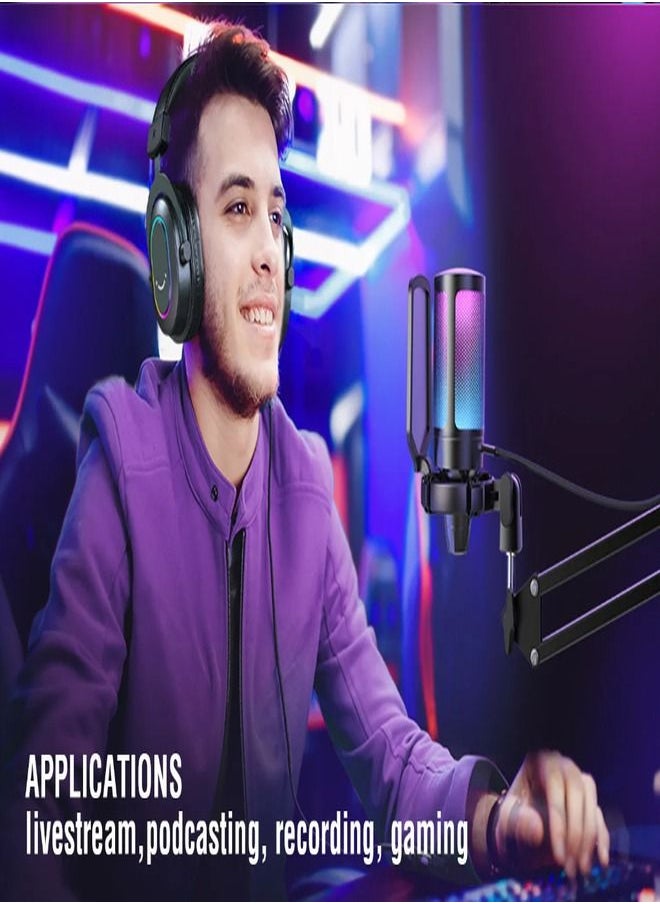 FIFINE - FIFINE Gaming PC USB Microphone, Podcast Condenser Mic with Boom Arm, Pop Filter, Mute Button for Streaming, Twitch, Online Chat, RGB Computer Mic for PS4/5 PC Gamer Youtuber-AmpliGame- A6T - Image 1
