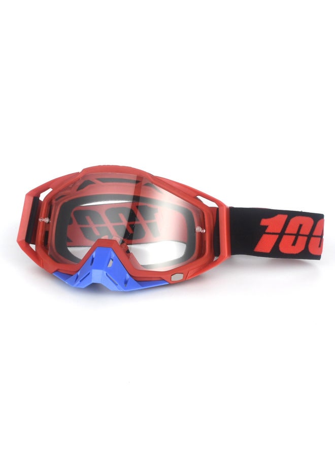 Windproof Outdoor Sports Helmet Goggles for Cycling, Off-Road Motorcycle and Skiing, Red Frame, Clear Lens, Blue Nose Piece