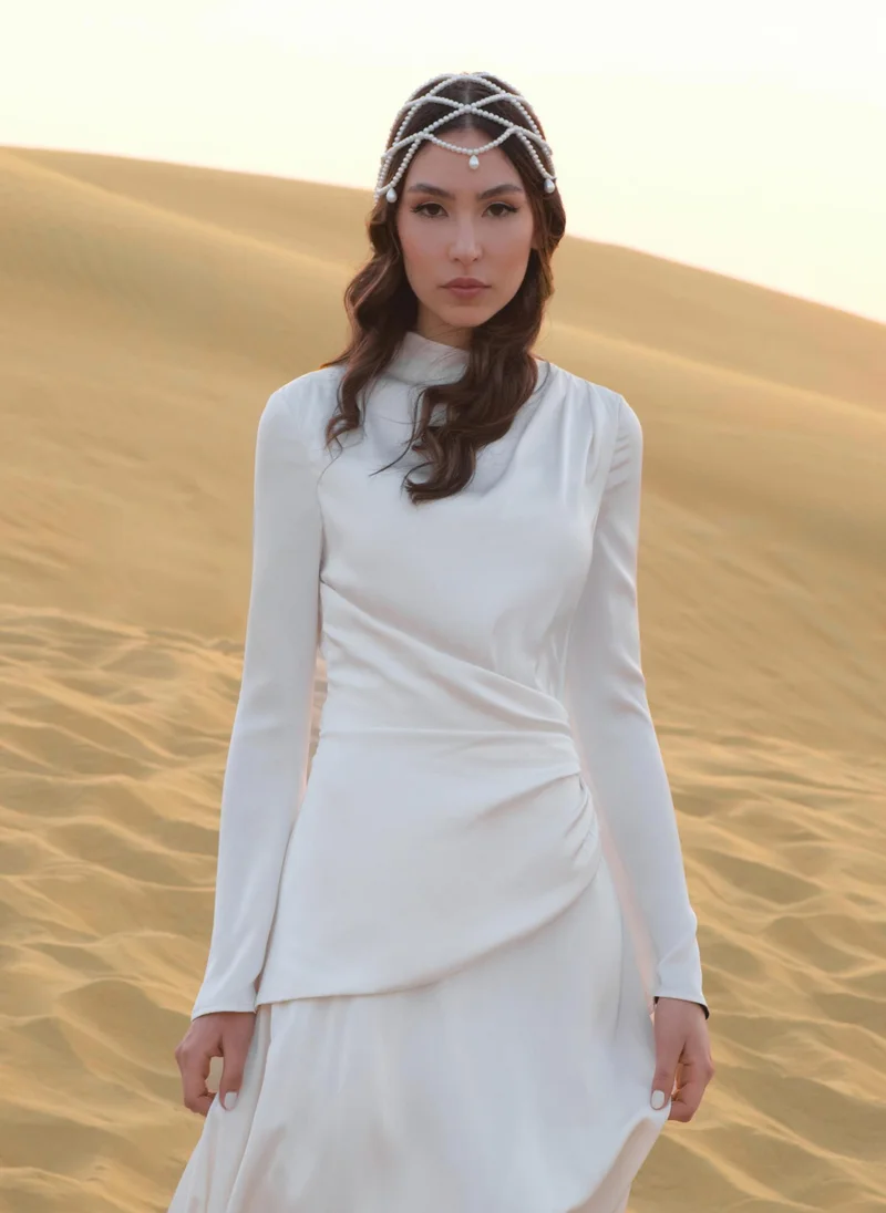 Lichi Long sleeved maxi dress with draping at the waist