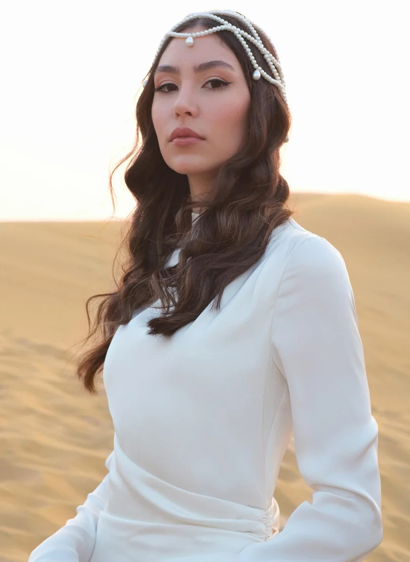 Lichi Long sleeved maxi dress with draping at the waist