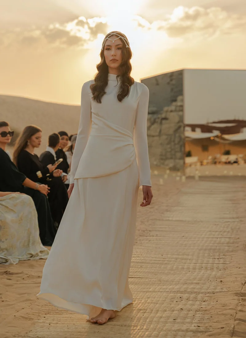 Lichi Long sleeved maxi dress with draping at the waist