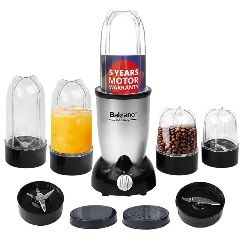 Balzano ABS Bullet Mixer Grinder 500W,5 Years Motor Warranty,5 Jars,2 Blades,2 Lids,Italian Premium Brand,Pulse Function,Mixer Blender for Smoothies,Smoothie Maker,1 Years Product Warranty,Silver - Image 2