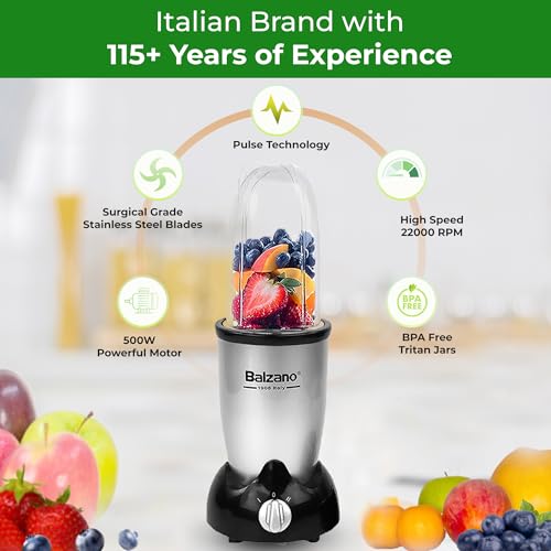Balzano ABS Bullet Mixer Grinder 500W,5 Years Motor Warranty,5 Jars,2 Blades,2 Lids,Italian Premium Brand,Pulse Function,Mixer Blender for Smoothies,Smoothie Maker,1 Years Product Warranty,Silver - Image 3