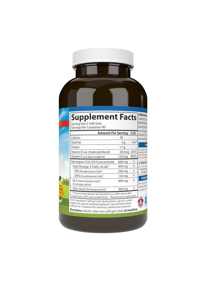 Carlson - Inflammation Balance, Balanced Omega-3 & Omega-6 Ratio, with D3, Norwegian, Wild-Caught Fish Oil Supplement with Fatty Acids, Sustainably Sourced Fish Oil Capsules, 180 Softgels - Image 2