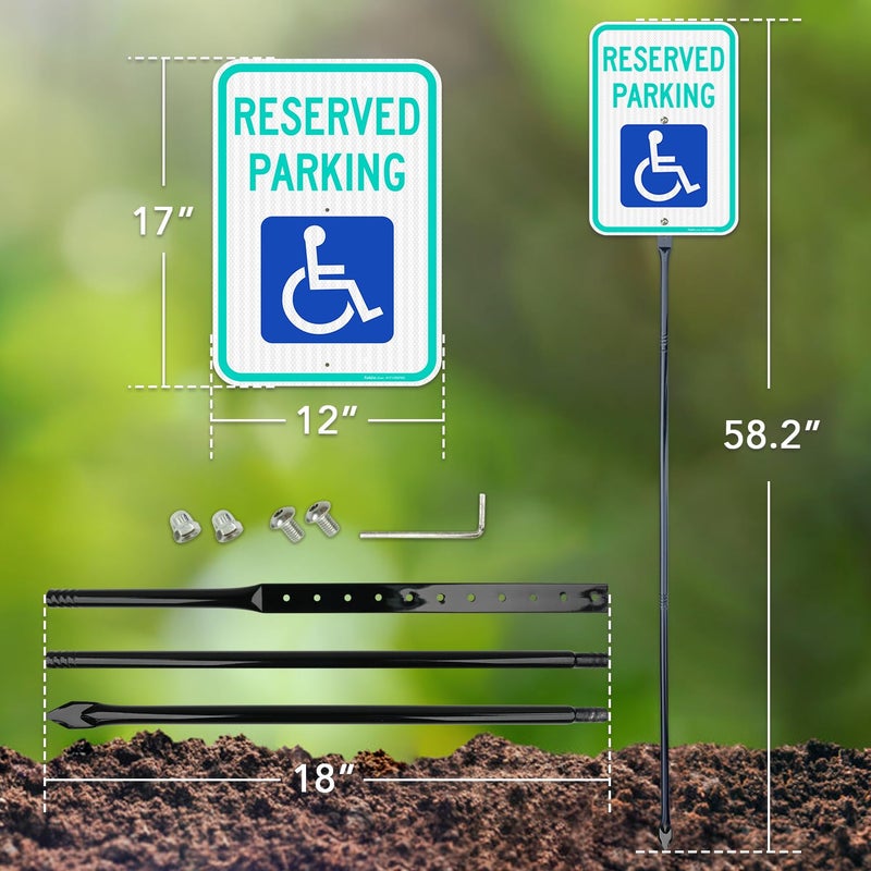 Faittoo Large Reserved Parking Sign with 54" Metal Thick Stake, 17"x12" Handicap Parking with Picture of Wheelchair Sign, Engineer Grade Reflective Sheeting Rust Free Aluminum, Easy to Mount - Image 2