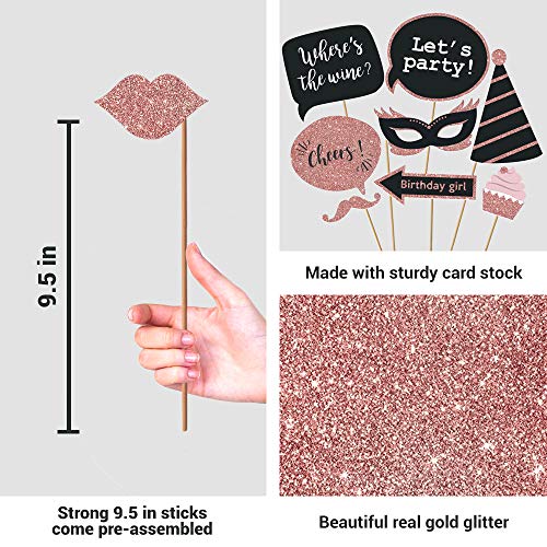 Perfect Occasion Fully Assembled Birthday Photo Booth Props. 30 Piece Box Set of Rose Gold and Pink Selfie Party Supplies and Decorations Kit with Real Glitter Cute Bday Designs for Women - Did We Mention No DIY - Image 3