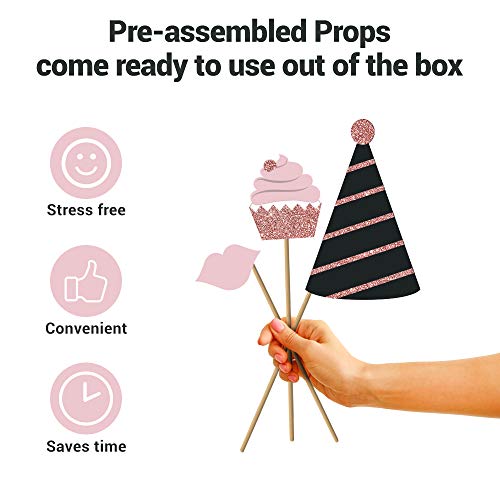 Perfect Occasion Fully Assembled Birthday Photo Booth Props. 30 Piece Box Set of Rose Gold and Pink Selfie Party Supplies and Decorations Kit with Real Glitter Cute Bday Designs for Women - Did We Mention No DIY - Image 2