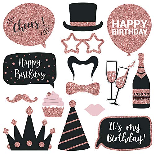 Perfect Occasion Fully Assembled Birthday Photo Booth Props. 30 Piece Box Set of Rose Gold and Pink Selfie Party Supplies and Decorations Kit with Real Glitter Cute Bday Designs for Women - Did We Mention No DIY - Image 4