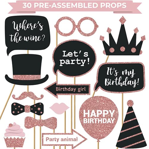 Perfect Occasion Fully Assembled Birthday Photo Booth Props. 30 Piece Box Set of Rose Gold and Pink Selfie Party Supplies and Decorations Kit with Real Glitter Cute Bday Designs for Women - Did We Mention No DIY - Image 1