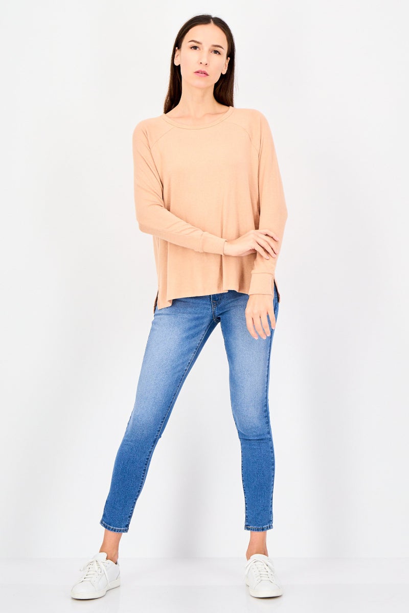 UNDIZ Women Round Neck Long Sleeve Plain Top, Beige - Image 4