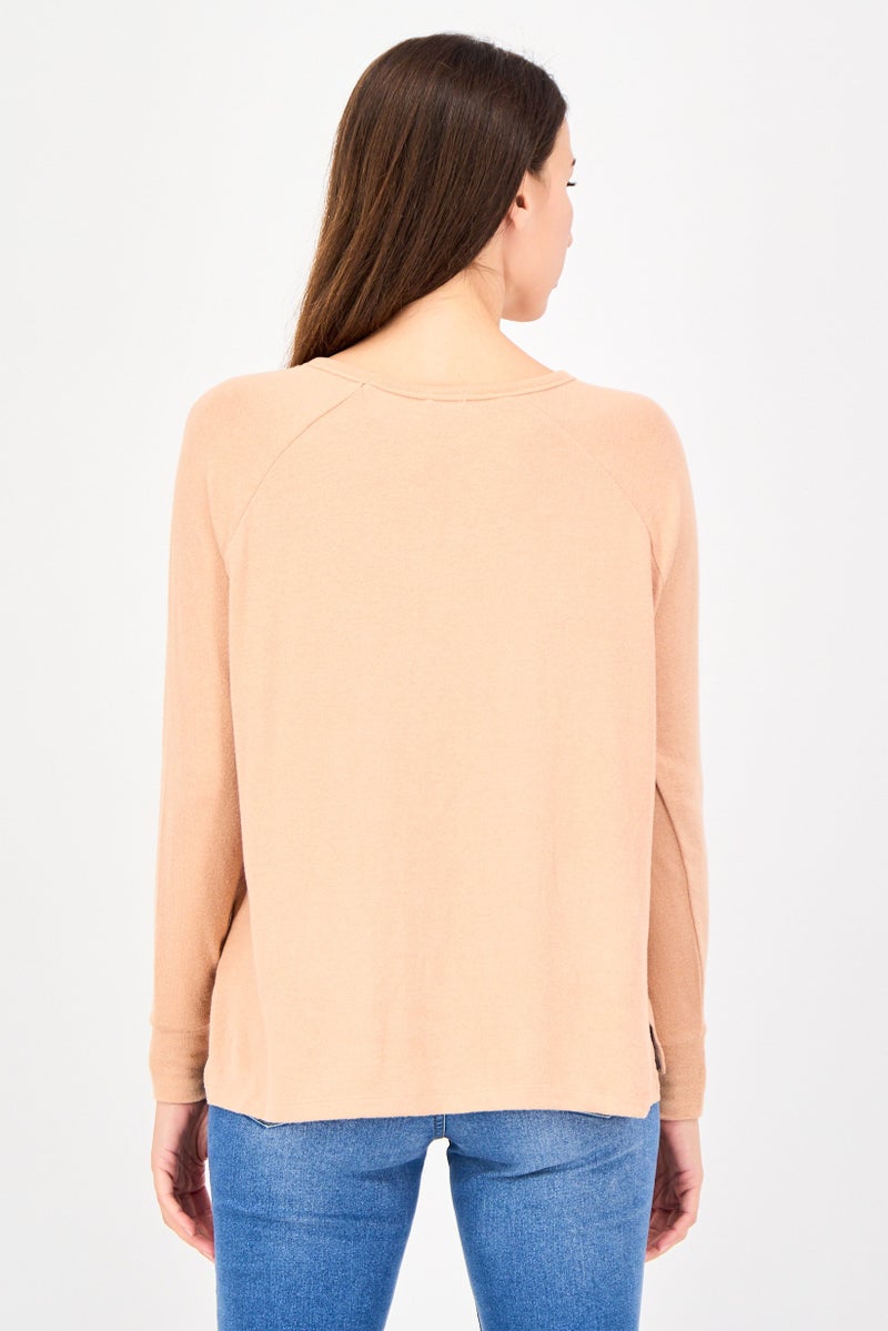 UNDIZ Women Round Neck Long Sleeve Plain Top, Beige - Image 3