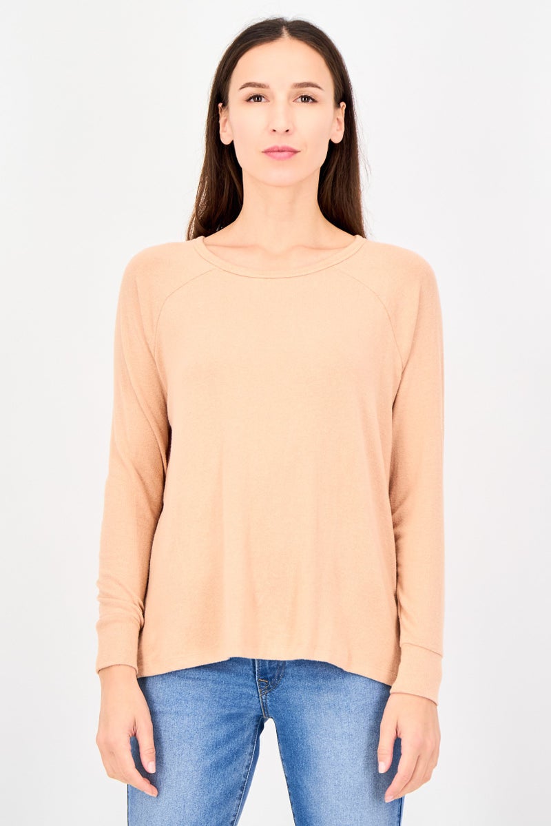 UNDIZ Women Round Neck Long Sleeve Plain Top, Beige - Image 1