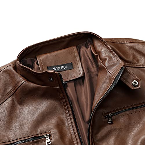 WULFUL Men's Stand Collar Leather Jacket Motorcycle Lightweight Faux Leather Outwear - Image 4
