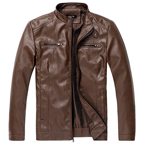 WULFUL Men's Stand Collar Leather Jacket Motorcycle Lightweight Faux Leather Outwear - Image 1