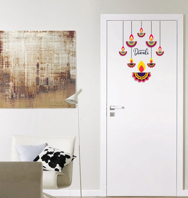 Byte Shop Beautiful Hanging Diya Happy Diwali PVC Vinyl Multicolor Decorative Wall Sticker for Wall Decoration WD295 - Image 4