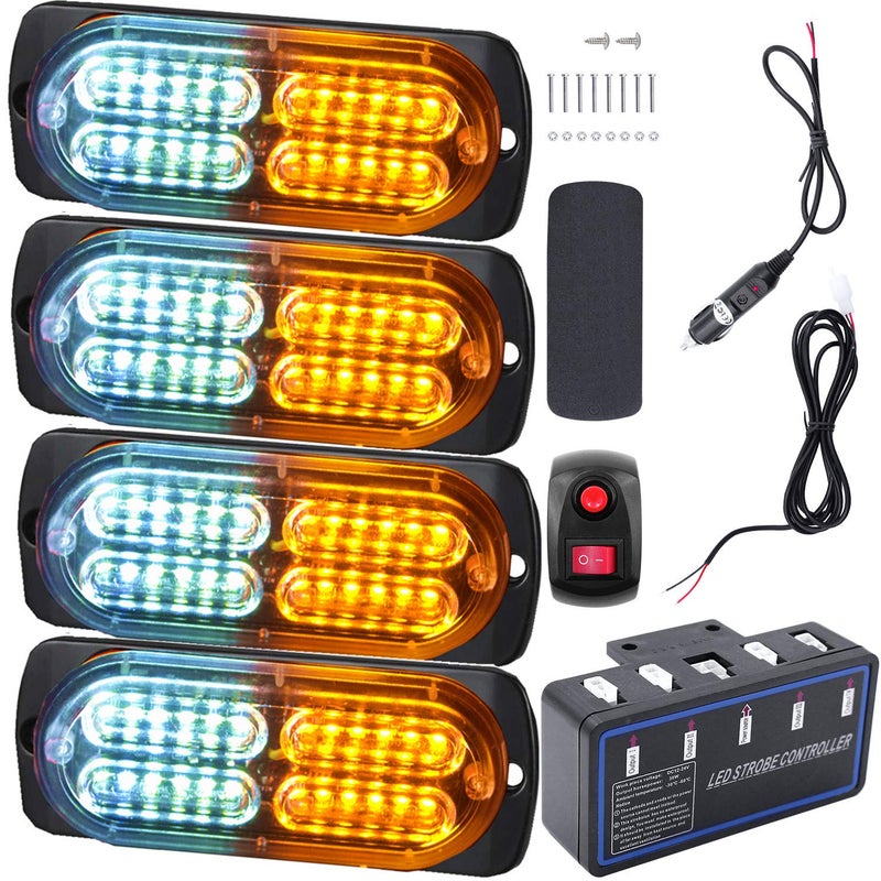 أضواء ستروب LED EASE2U للشاحنات والمركبات والسيارات الرياضية 4 قطع 1224 فولت أضواء تحذيرية طارئة ميزات تحذير خطر بناء نحيفة للغاية مع صندوق تحكم تركيب سطحي أبيض وبرتقالي