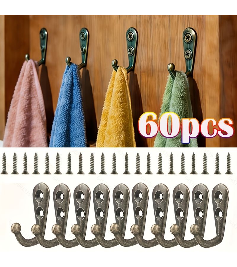 مجموعة خطاف نحاسي كلاسيكي 60 قطعة خطاف حائط أحادي الصف ثقيل مع مسامير - Image 1