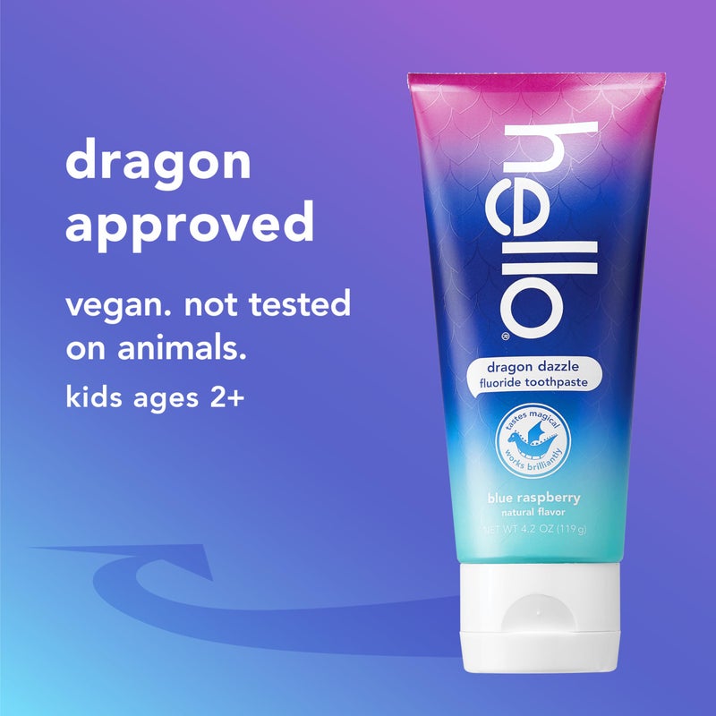 Hello Dragon Dazzle Blue Raspberry Kids Toothpaste, Fluoride Toothpaste, Ages 2+, No Artificial Sweeteners, No SLS, Gluten Free, Vegan, Pack of 3, 4.2 OZ Tubes - Image 5